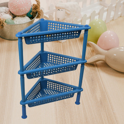 Wukusy 3-tier triangle plastic storage rack for kitchen, living room, bathroom, or office organization.