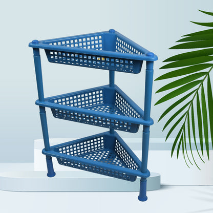 Wukusy 3-tier plastic triangle storage rack for kitchen, living room, bathroom, and office organization.