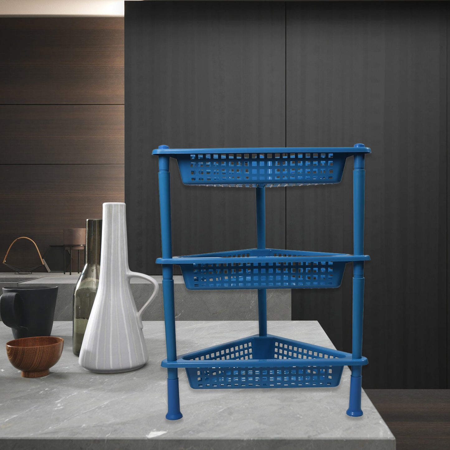 Wukusy 3-tier triangle plastic storage rack for kitchen, living room, bathroom, or office organization and space-saving storage.