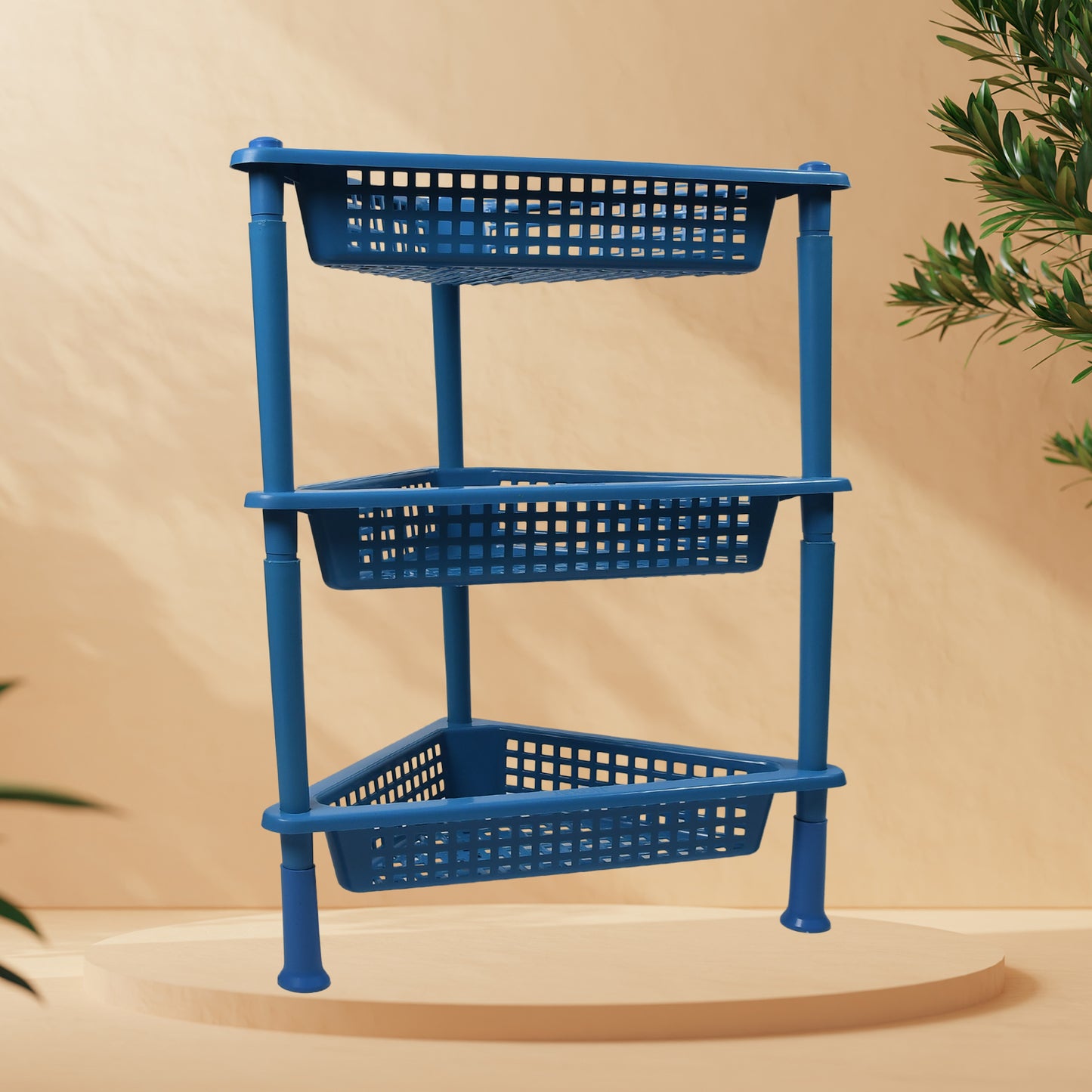 Wukusy 3-tier plastic triangle storage rack for kitchen, living room, bathroom, and office organization.