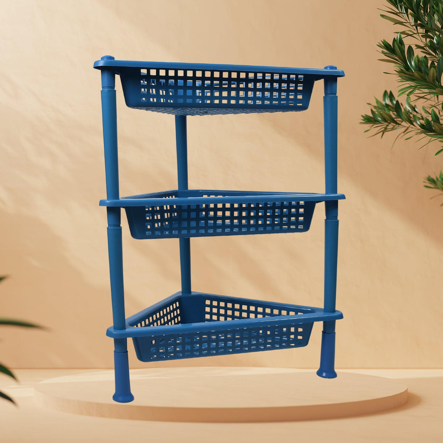 Wukusy 3-tier plastic triangle storage rack for kitchen, living room, bathroom, and office organization.
