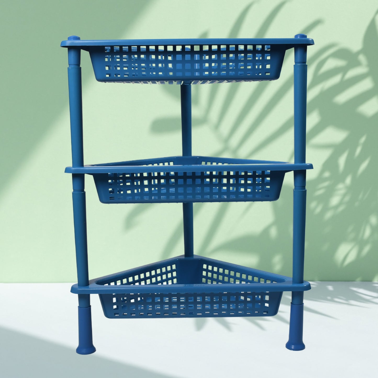 Wukusy triangle plastic 3-tier storage rack for kitchen, living room, bathroom, and office organization.