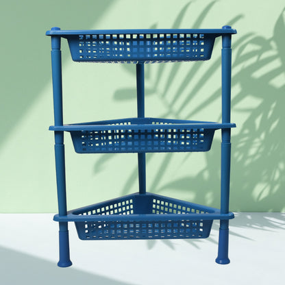 Wukusy triangle plastic 3-tier storage rack for kitchen, living room, bathroom, and office organization.