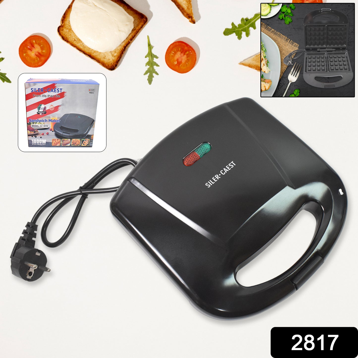Wukusy waffle maker with non-stick plates, making two square-shaped waffles, featuring indicator lights for easy use.