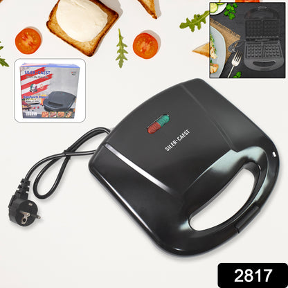 Wukusy waffle maker with non-stick plates, making two square-shaped waffles, featuring indicator lights for easy use.