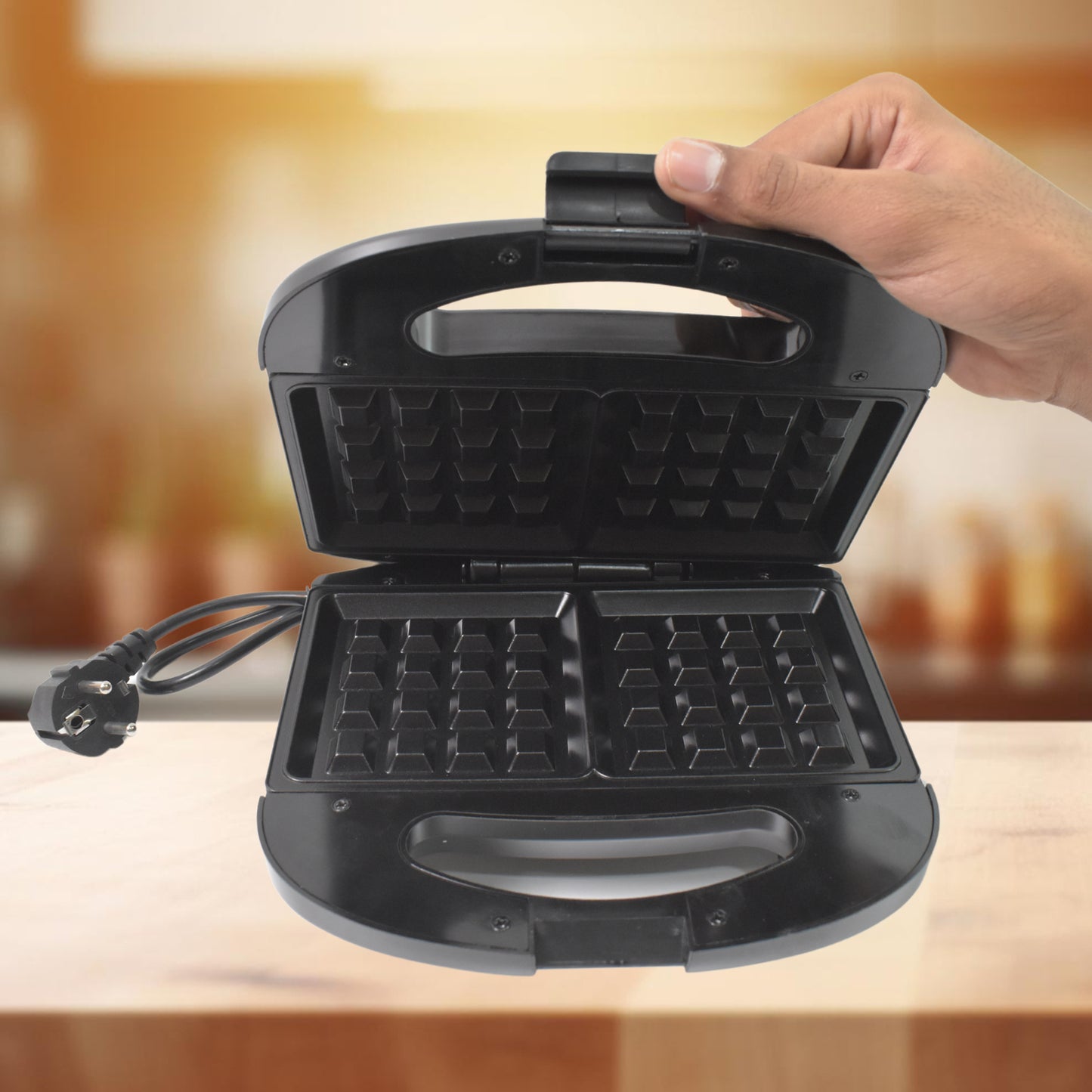 Wukusy waffle maker with non-stick plates, making two square-shaped waffles, featuring indicator lights for easy use.