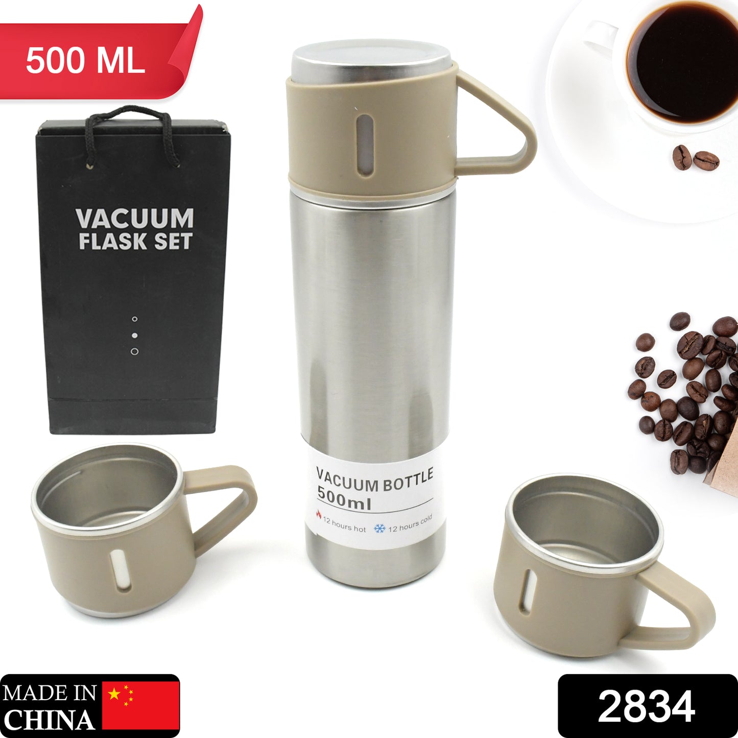 Wukusy stainless steel vacuum flask set with three cups, 500ml capacity, ideal for hot or cold drinks, travel and gifting.