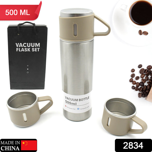 Wukusy stainless steel vacuum flask set with three cups, 500ml capacity, ideal for hot or cold drinks, travel and gifting.