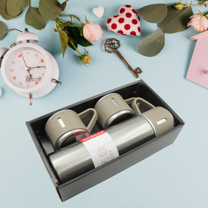 Wukusy stainless steel vacuum flask set with 3 steel cups, 500ml capacity, for hot coffee, cold water, travel, and gifting.
