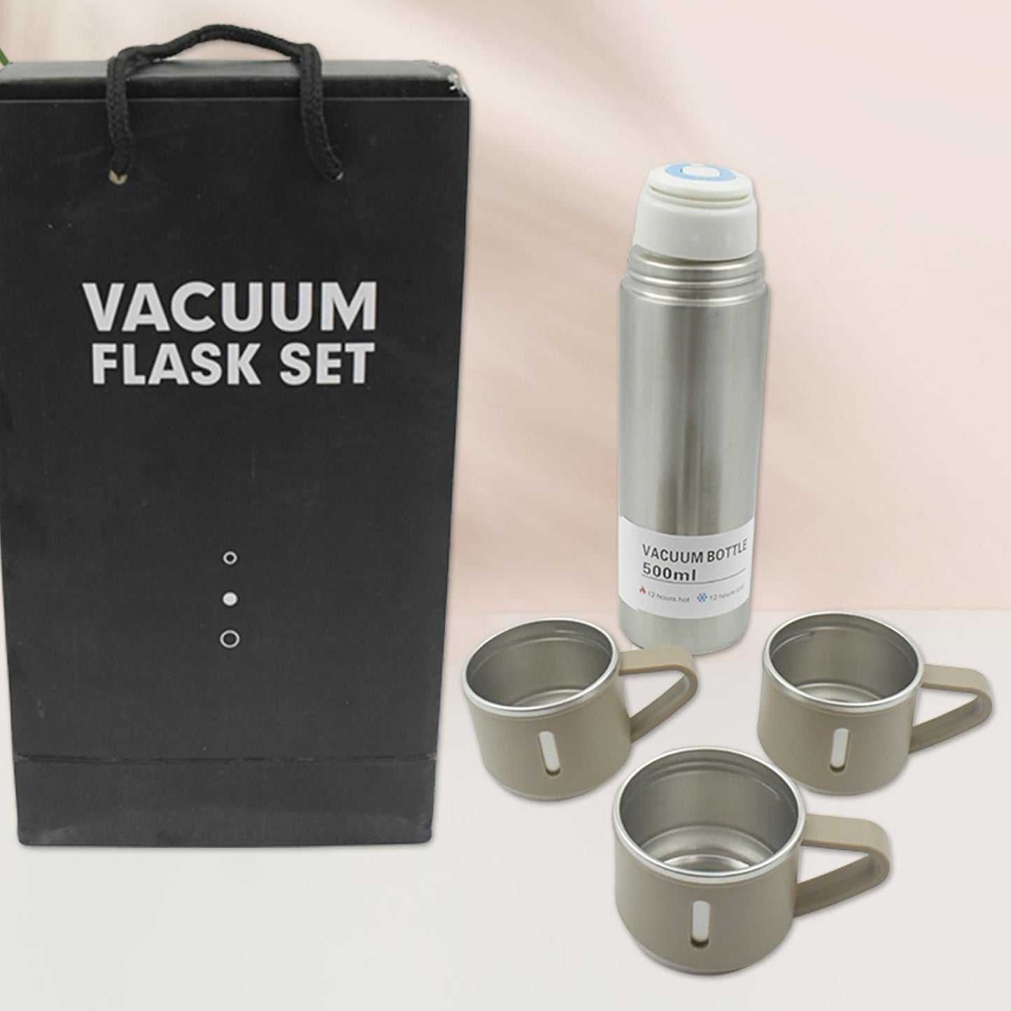 Wukusy 500ml stainless steel vacuum flask set with three steel cups, ideal for hot or cold drinks, travel, and gifting.
