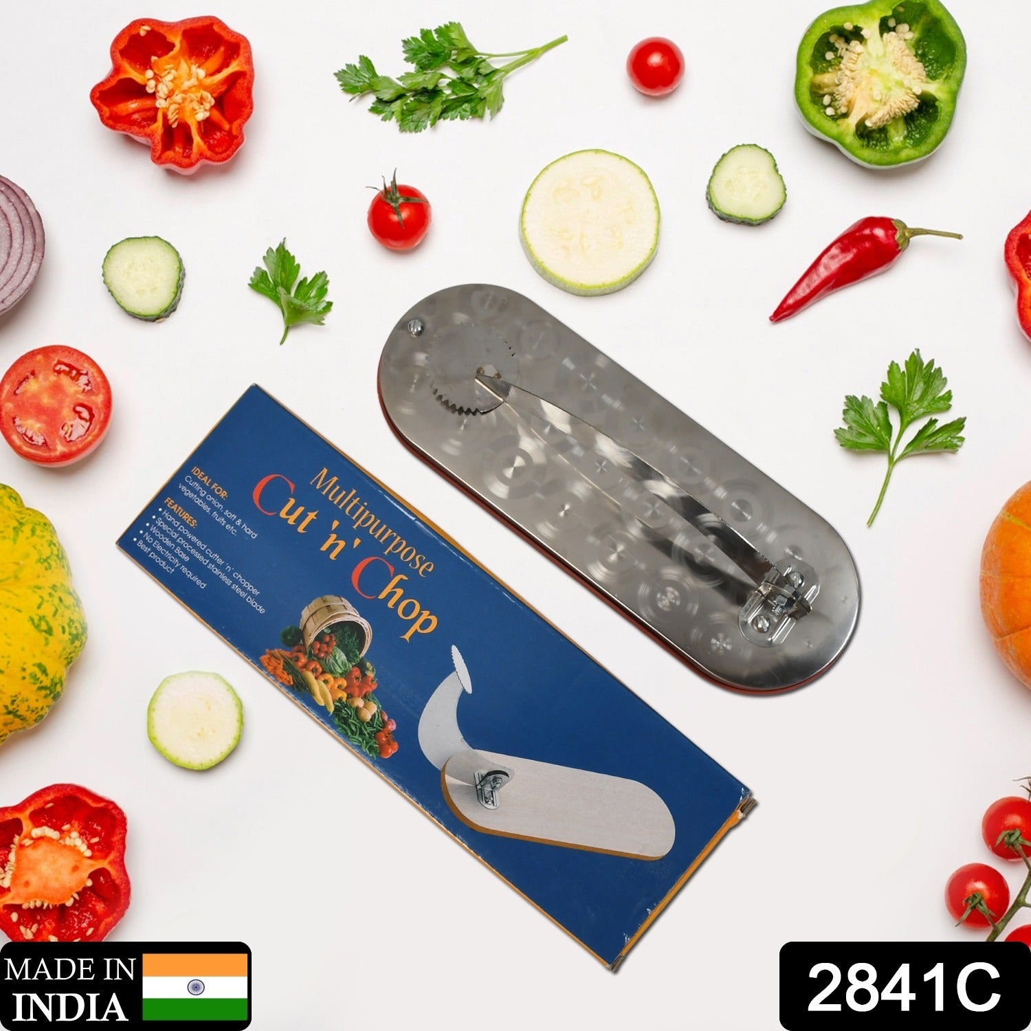 Wukusy 2841c steel vegetable cutter for fruit, vegetables, and meat, shown in color box with sleek stainless steel design.