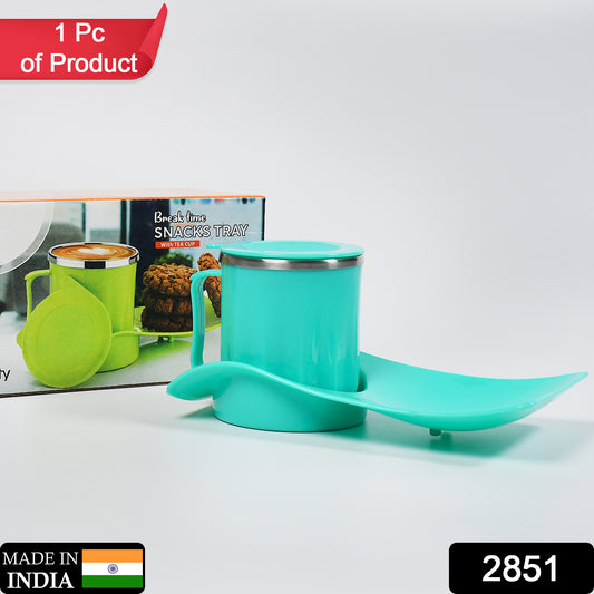 Wukusy Snacks Tray with a 350ml steel cup for kids, ideal for break time or home use, featuring a colorful, child-friendly design.