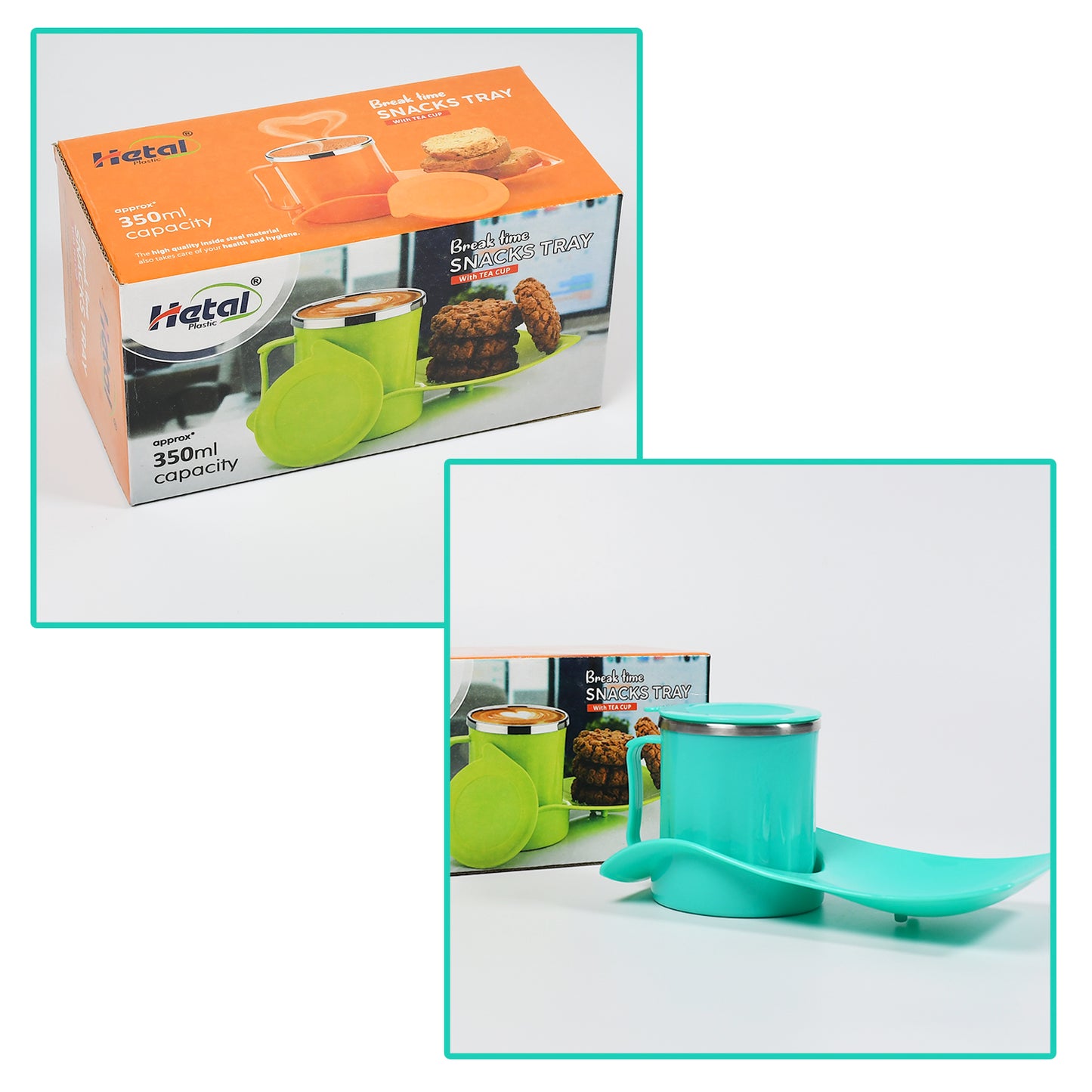 Wukusy kids' snack tray with a 350ml steel cup inside, ideal for break time and home use, featuring a colorful design.