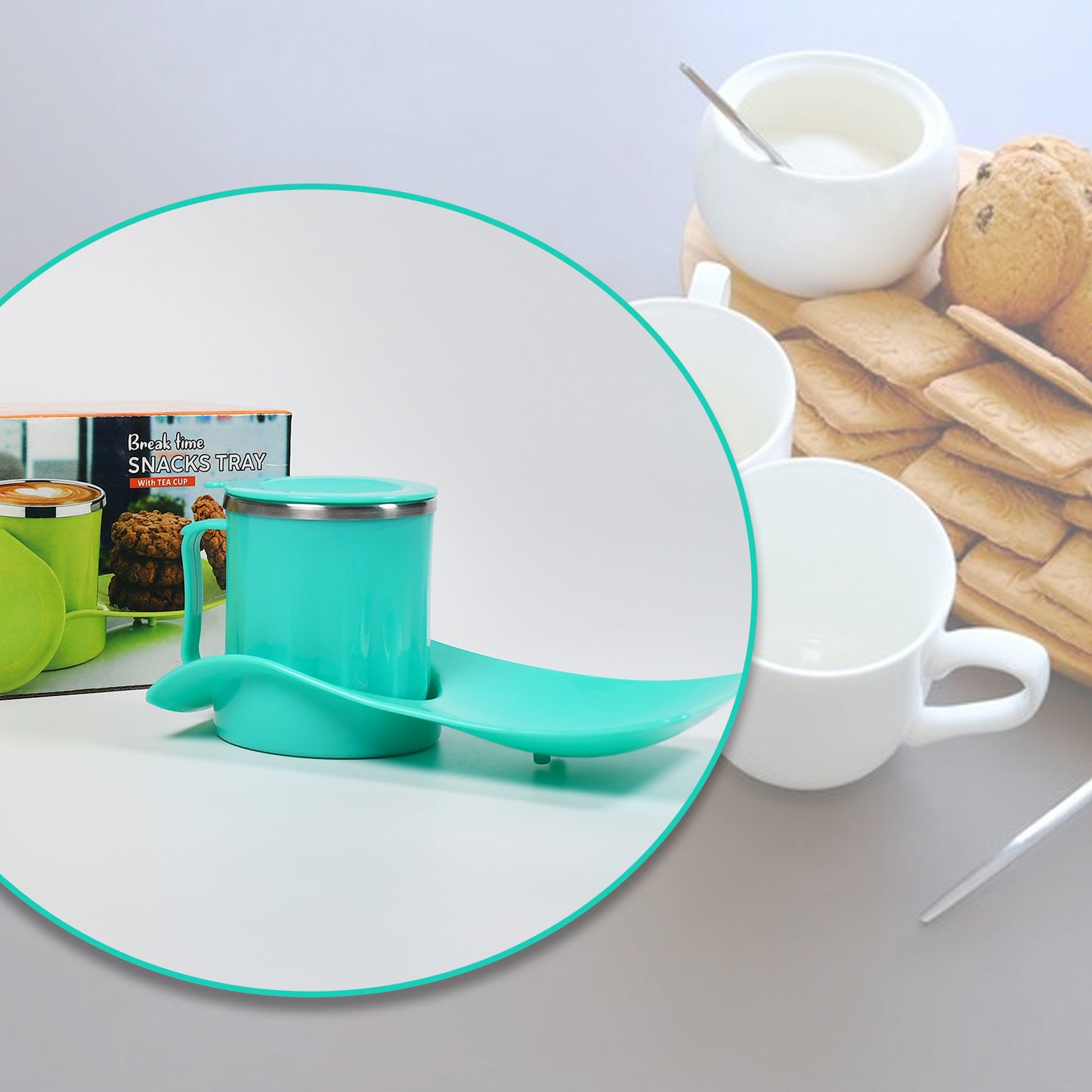 Wukusy 2851 Snacks Tray with 350ml steel cup for kids, ideal for home use, featuring a break time tray for snacks and drinks.