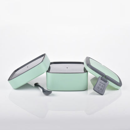 Green Wukusy double-layer portable lunch box with handle and spoon, stackable design for easy carrying and meal storage.