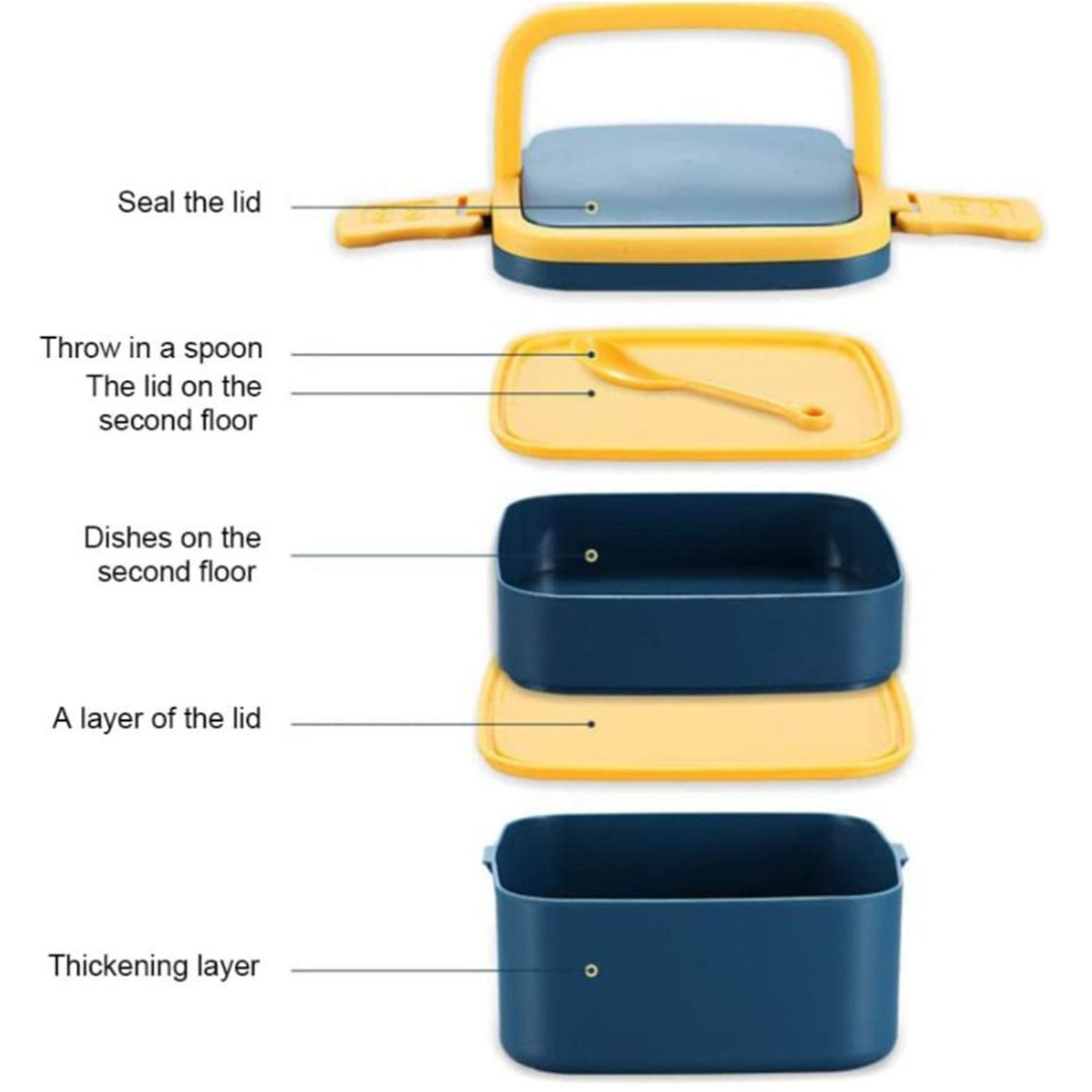 Green Wukusy double-layer portable lunch box with carrying handle and spoon, stackable for convenient home and kitchen use.