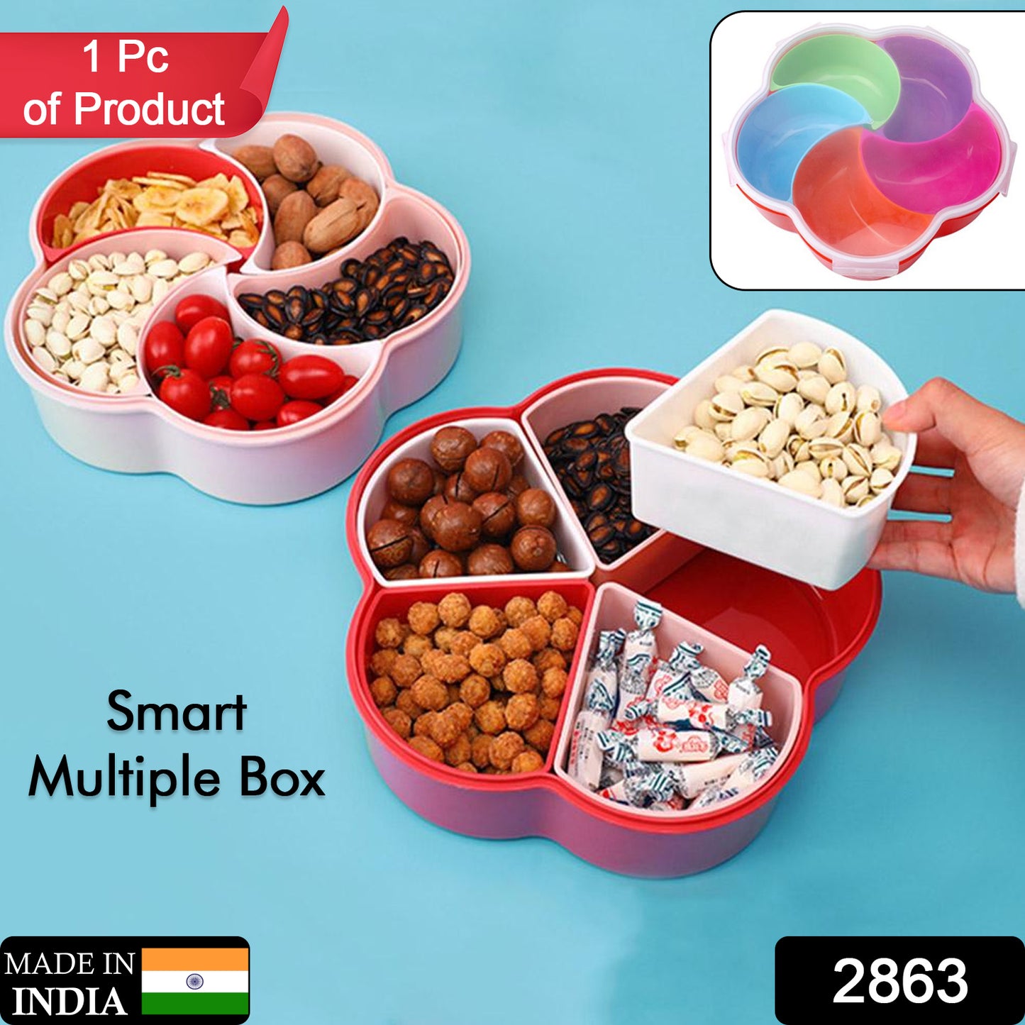 Wukusy 5-compartment food storage box with snack, nuts, fruit, and candy compartments for home and kitchen use.