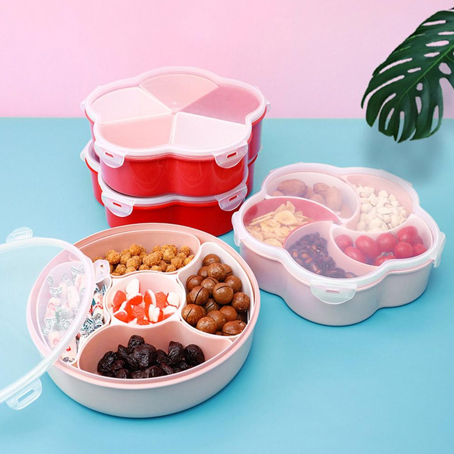 Wukusy 5-compartment food storage box with sections for nuts, fruits, and candies, ideal for home kitchen organization.
