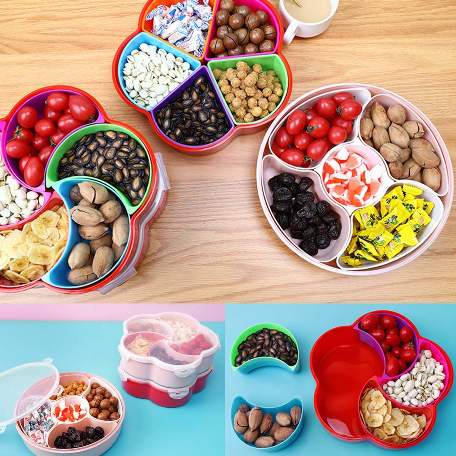 Wukusy 5-compartment food storage box for snacks, nuts, fruits, and candies, ideal for home kitchen organization.