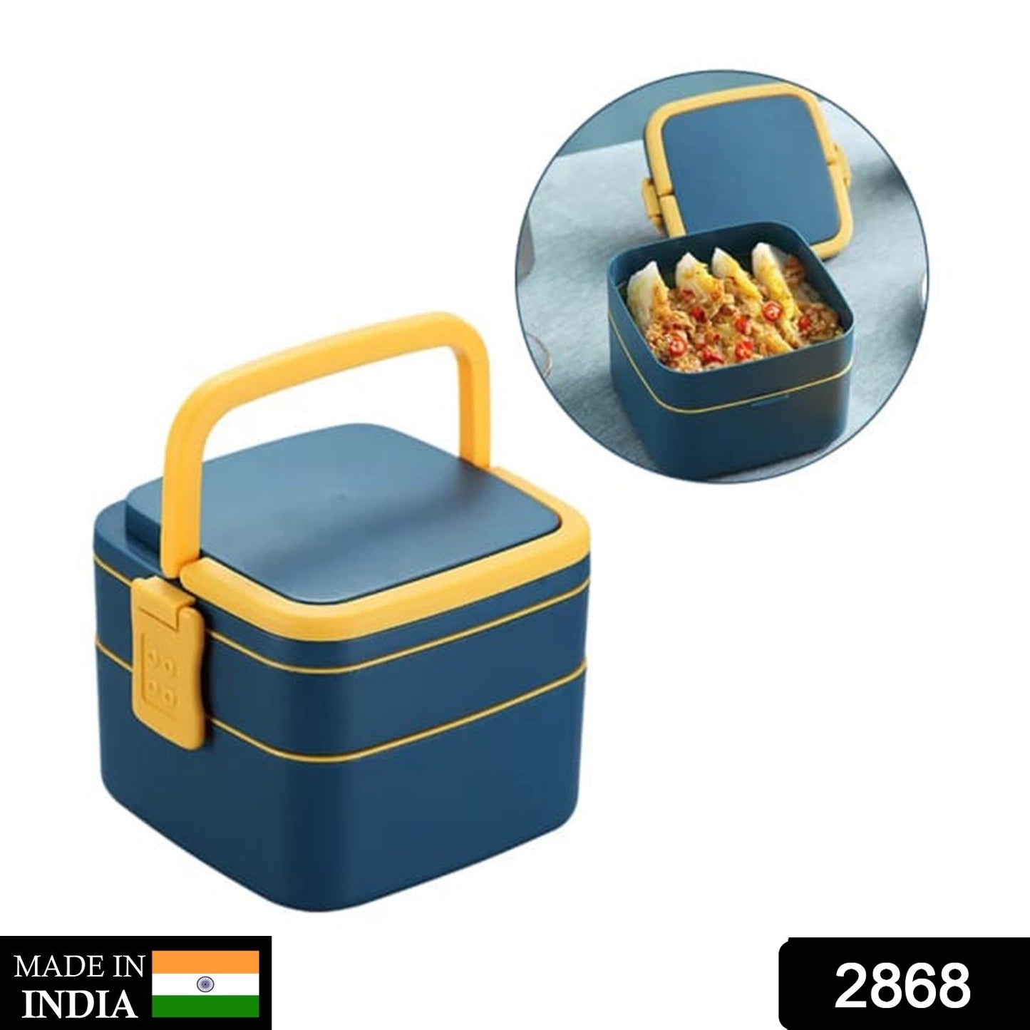 Blue double-layer portable lunch box by Wukusy with a handle and spoon, stackable design for convenient home and kitchen use.