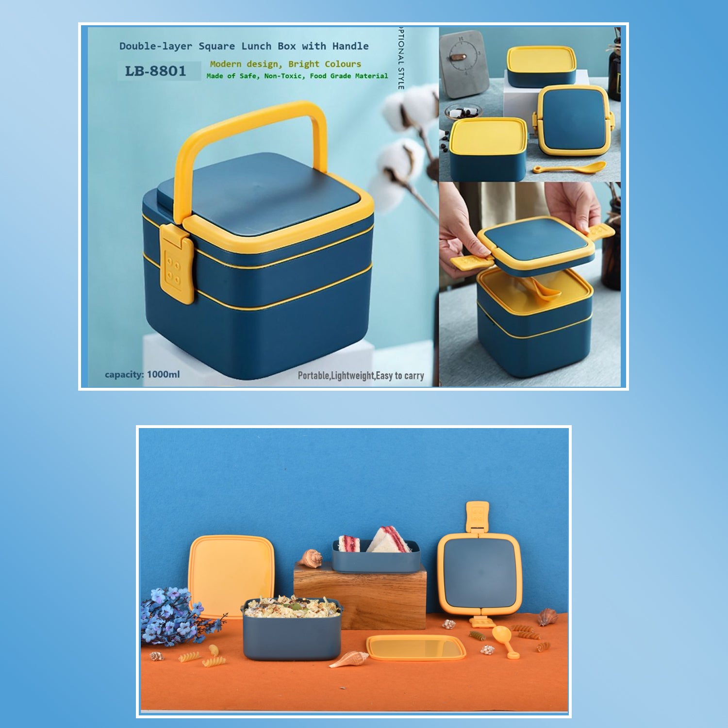 Blue Wukusy double-layer portable lunch box with a carry handle and spoon, designed for easy stacking and transport.