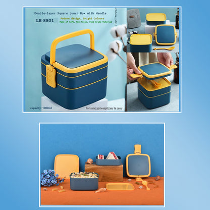Blue Wukusy double-layer portable lunch box with a carry handle and spoon, designed for easy stacking and transport.