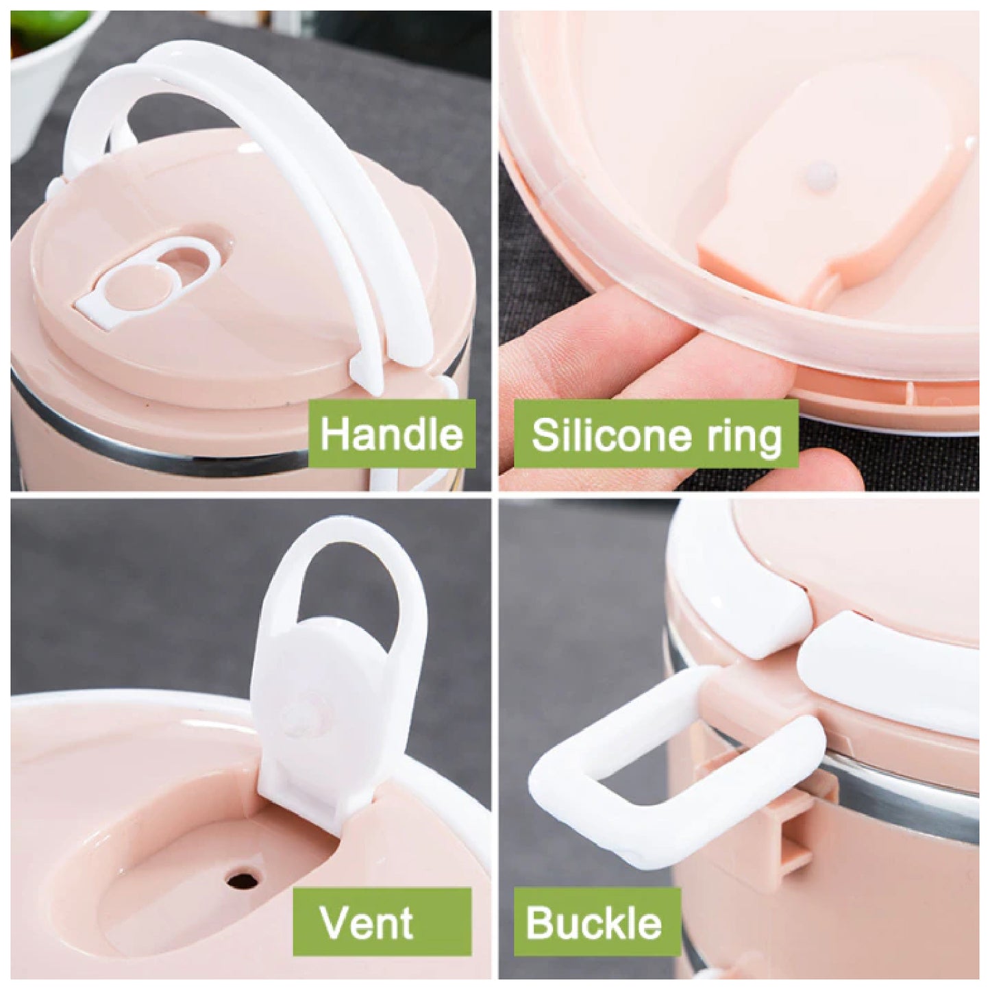 Three-layer stainless steel hot lunch box by Wukusy, with insulated compartments for carrying hot meals and snacks.