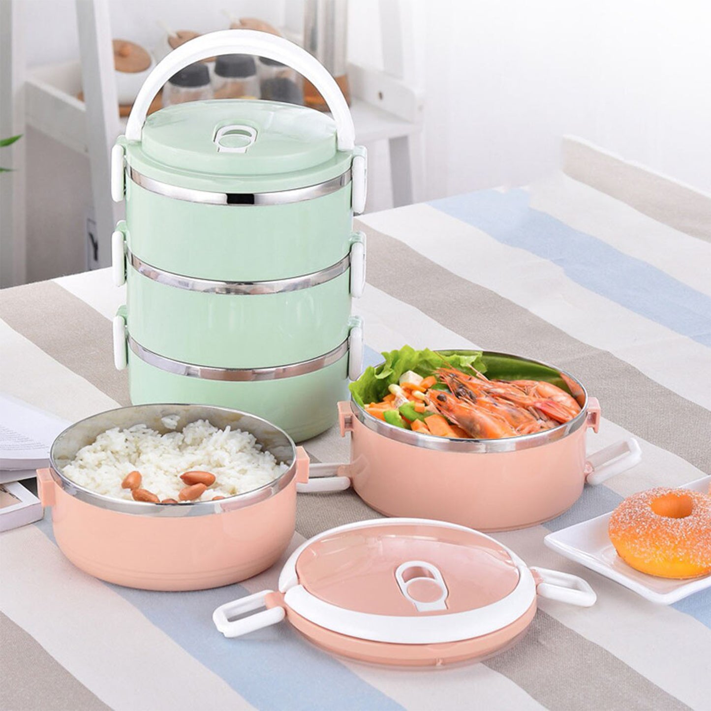 Wukusy 3-layer stainless steel hot lunch box with multi-layer design for home and kitchen use, featuring separate compartments.
