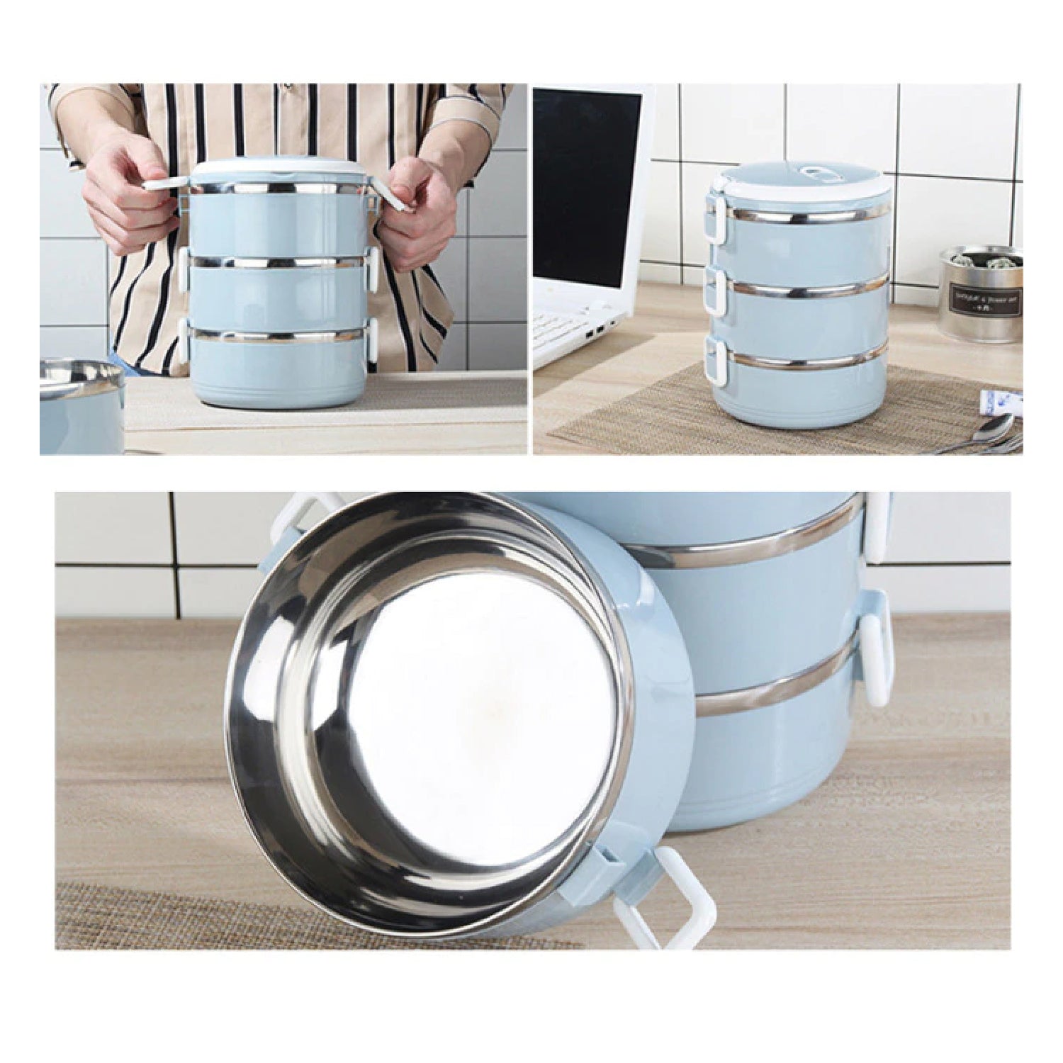 Wukusy 3-layer stainless steel hot lunch box with multiple compartments for home and kitchen use.