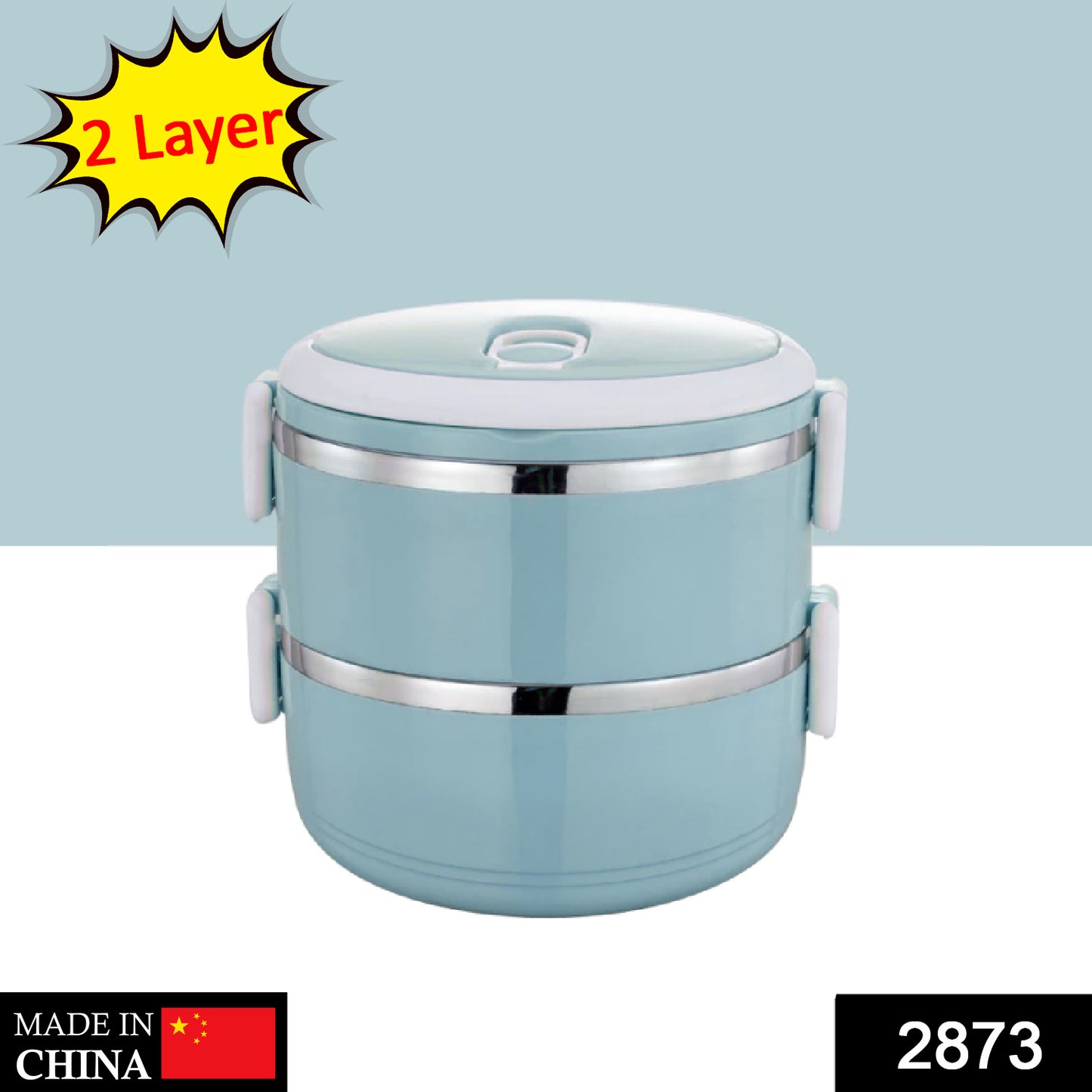 Wukusy 2873 multi-layer stainless steel hot lunch box with two compartments, ideal for home and kitchen use.