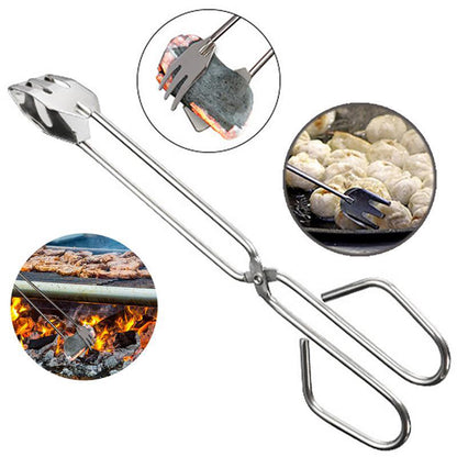 Wukusy 31cm multi-functional metal BBQ clip tongs for grilling, serving, and handling charcoal and garbage in home and kitchen use.