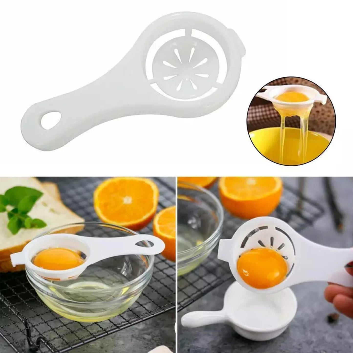 Wukusy egg yolk separator and egg white filter spoon for easy egg yolk and white separation in home kitchen.