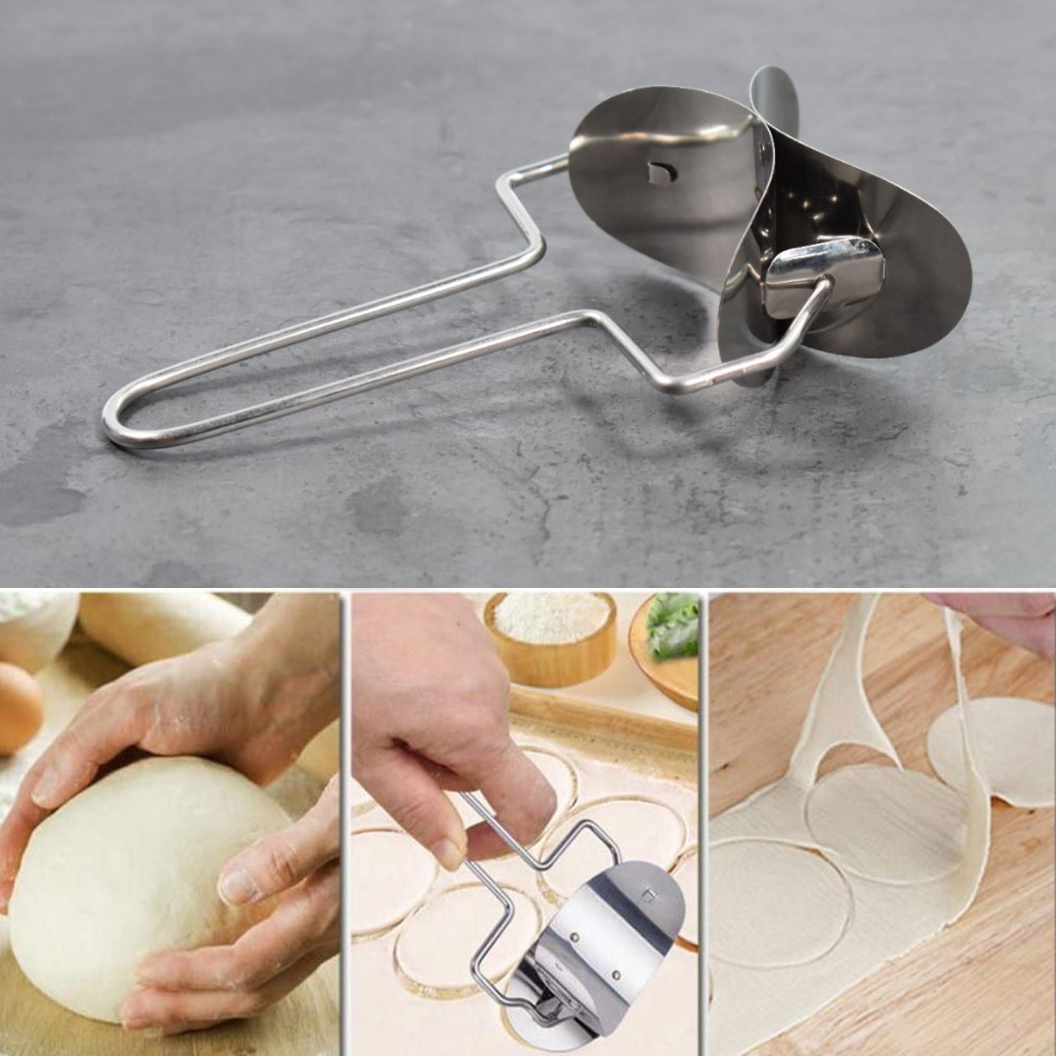 Wukusy Puri Cutter stainless steel roller machine for baking, with textured handle and compact design for home kitchen baking tools.