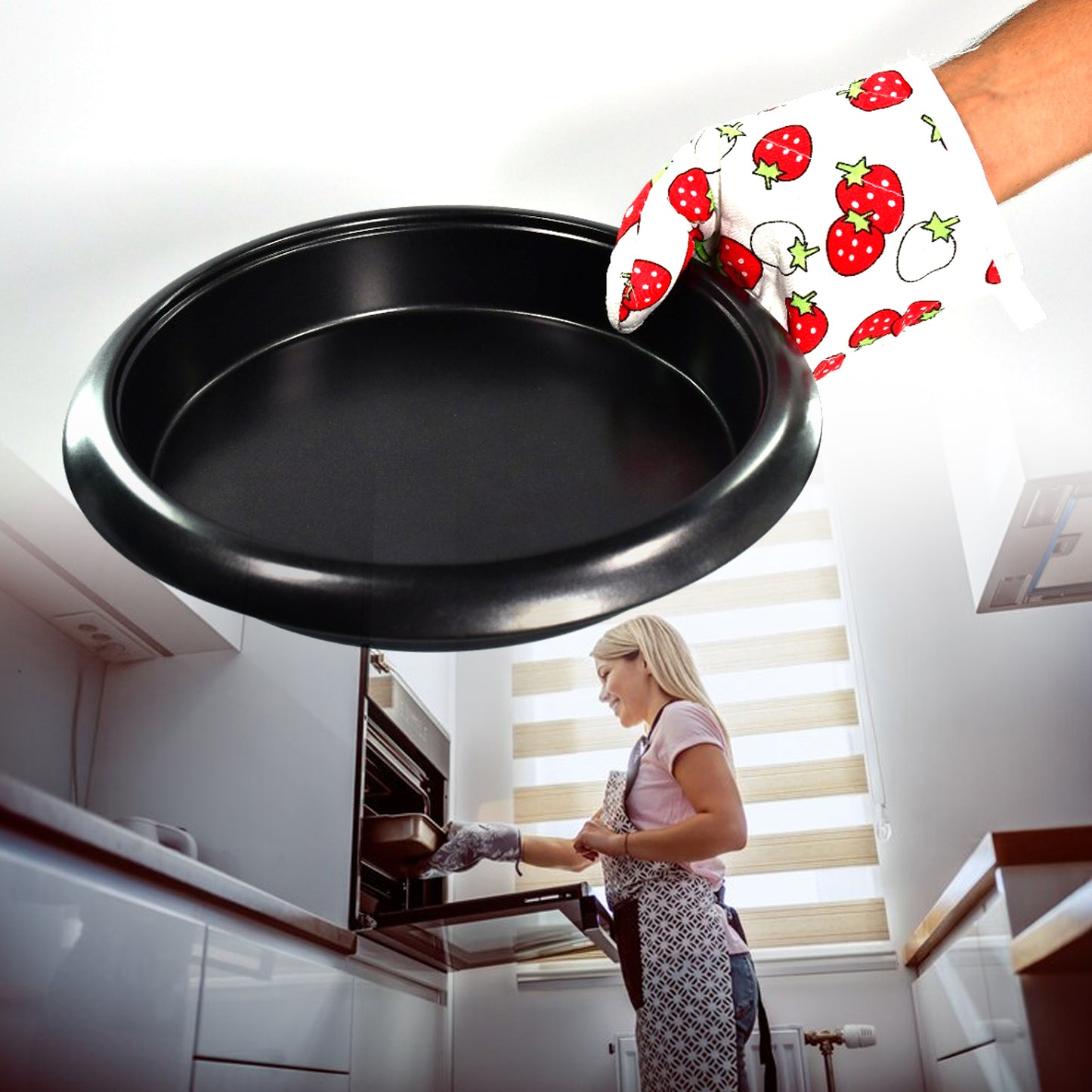 Multicoloured Wukusy designer oven mitt and pot holder set for kitchen use, featuring vibrant, multicolored fabric design.