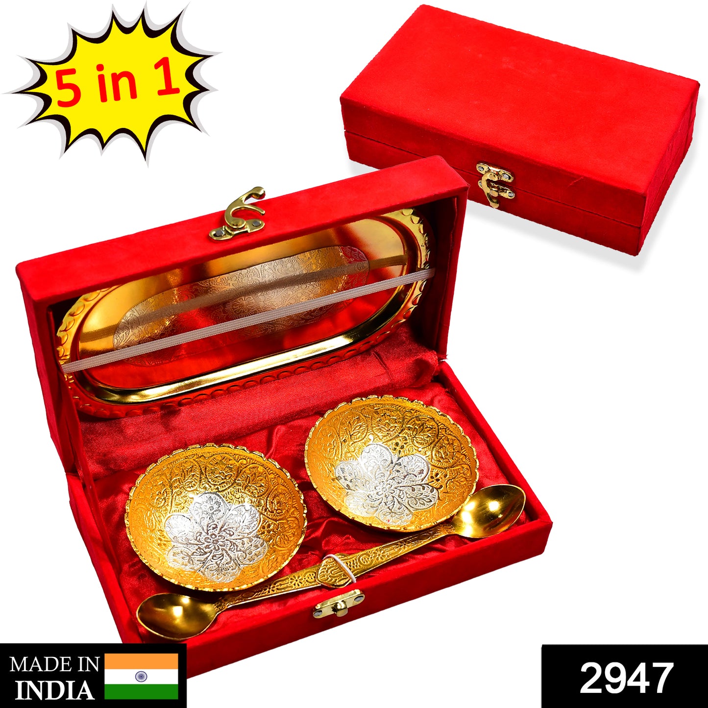 Gold and silver plated brass tray set with two bowls and spoons, presented in a red velvet gift box, ideal for serving dry fruits and desserts.