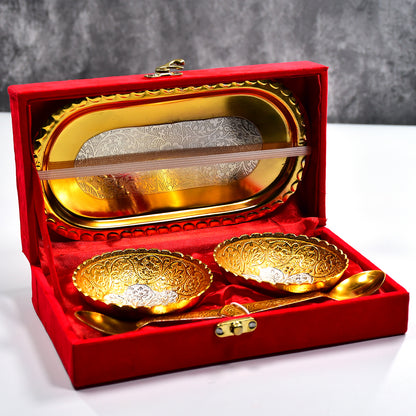 Gold and silver plated brass tray set with two bowls and spoons, presented in a red velvet gift box for serving dry fruits or desserts.