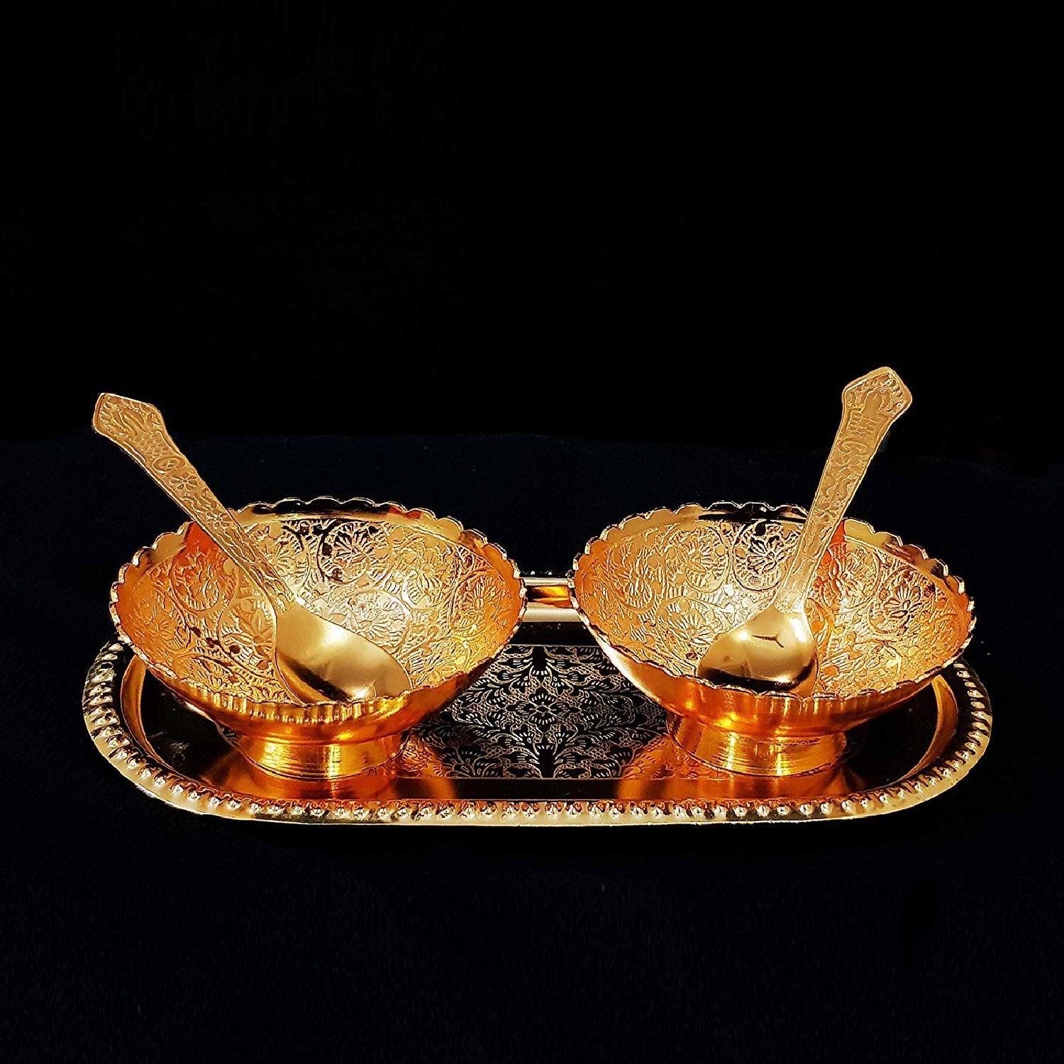 Gold and silver plated brass tray set with two bowls and spoons, presented in a red velvet gift box, ideal for serving dry fruits and desserts.
