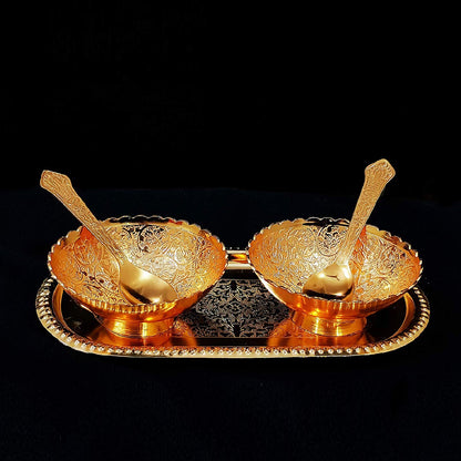 Gold and silver plated brass tray set with two bowls and spoons, presented in a red velvet gift box, ideal for serving dry fruits and desserts.