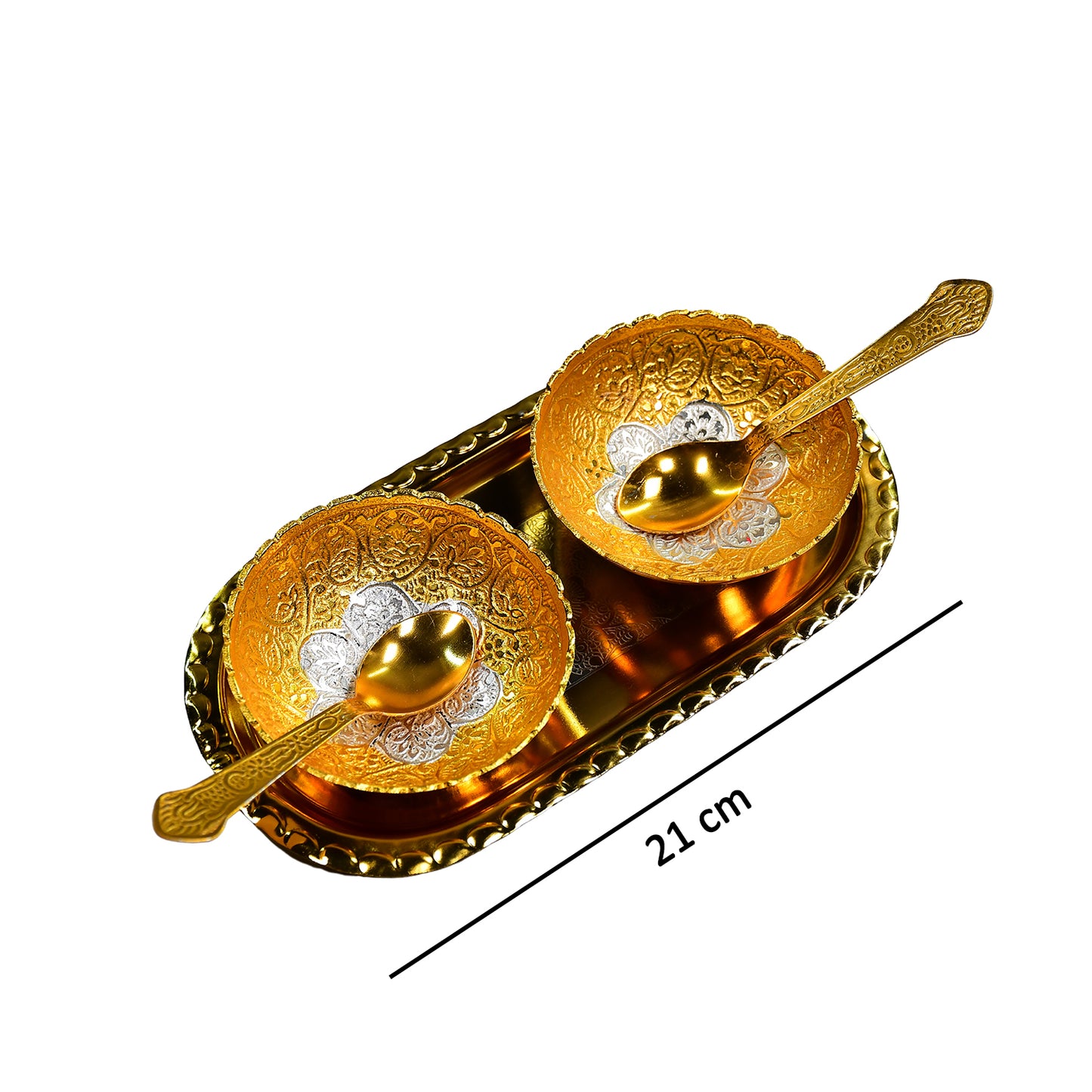 Gold and silver plated brass serving tray set with two bowls and spoons, presented in a red velvet gift box for dry fruits and desserts.