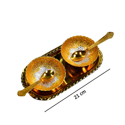 Gold and silver plated brass serving tray set with two bowls and spoons, presented in a red velvet gift box for dry fruits and desserts.