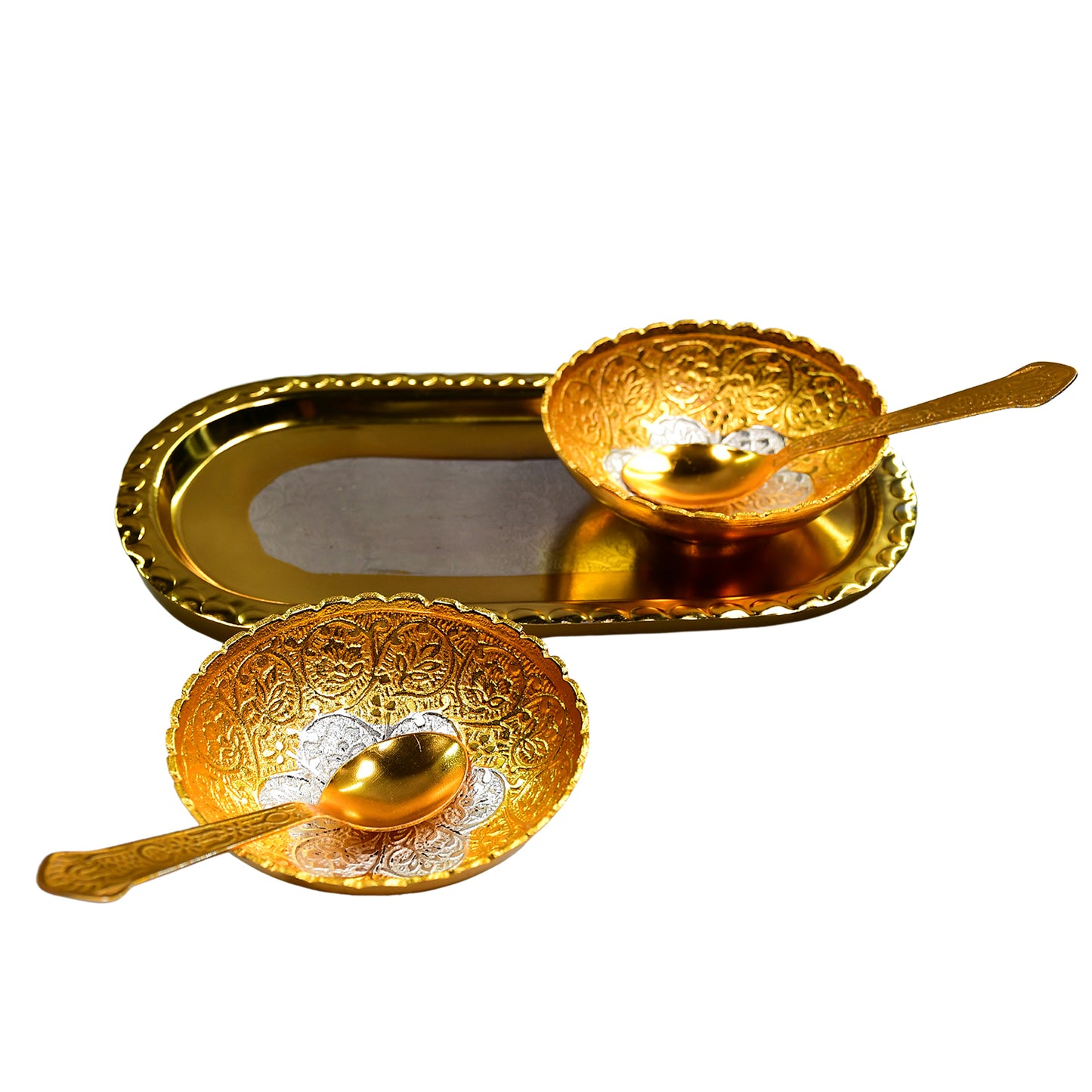 Gold and silver plated brass tray set with two bowls and spoons, presented in a red velvet gift box for serving dry fruits and desserts.