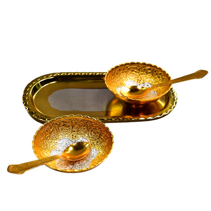 Gold and silver plated brass tray set with two bowls and spoons, presented in a red velvet gift box for serving dry fruits and desserts.