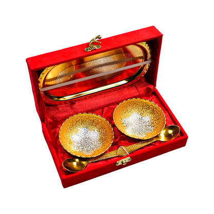 Gold and silver plated brass tray set with two bowls and spoons, presented in a red velvet gift box for serving dry fruits and desserts.