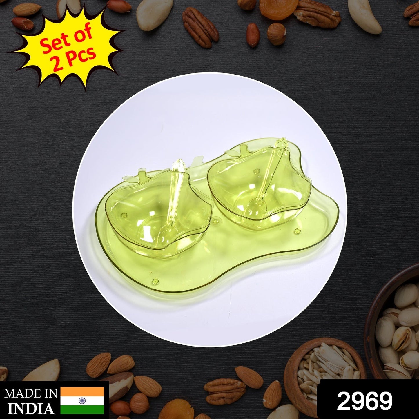 Apple-shaped 2-piece serving set with bowl, spoon, and tray by Wukusy for snacks, pickles, and dinnerware presentation.