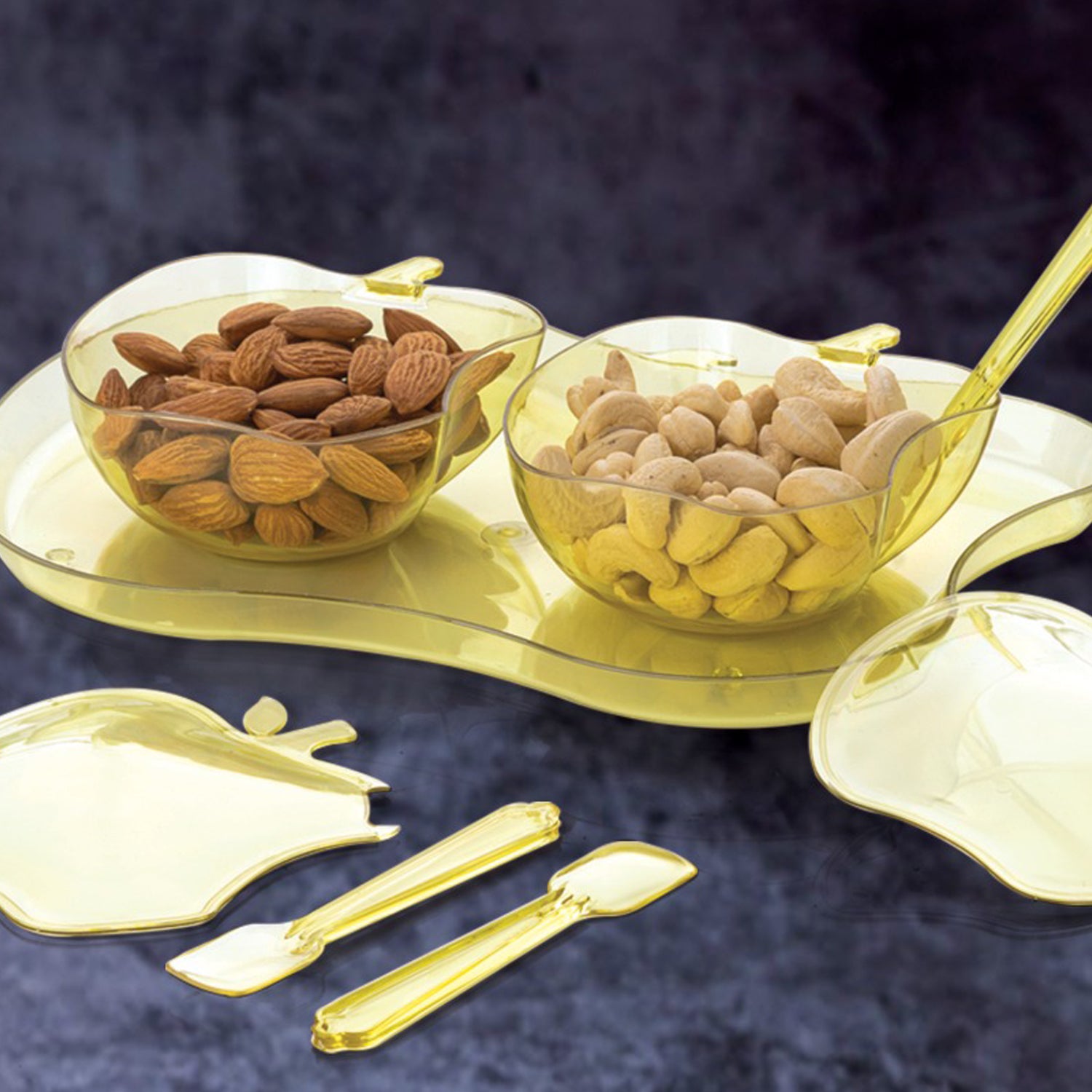 Wukusy apple-shaped 2-piece serving set with bowl, spoon, and tray for snacks or pickles, made of ceramic for home kitchen use.