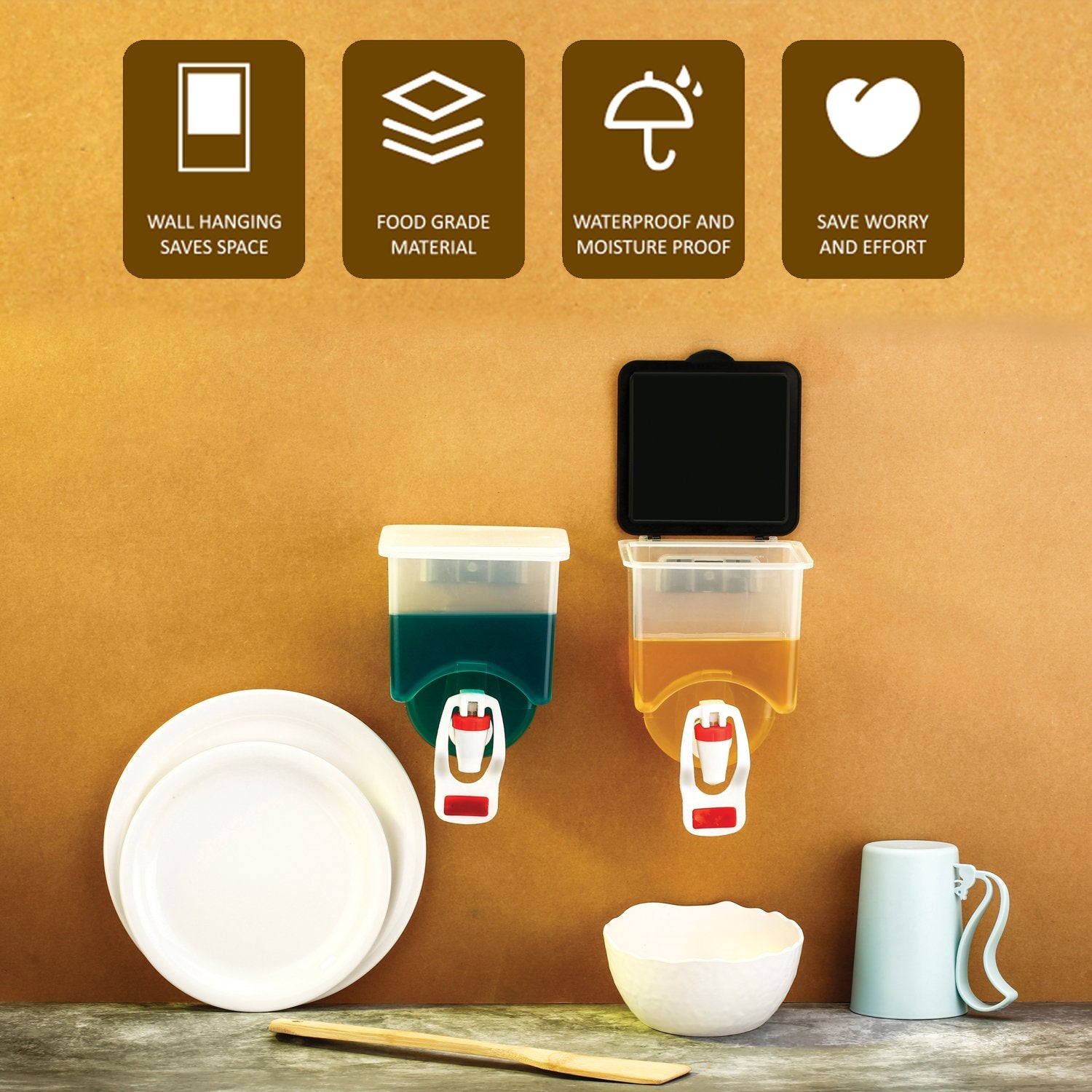 Wall-mounted Wukusy oil dispenser bottle, 1100ml capacity, for kitchen use, with transparent container and pump spout.