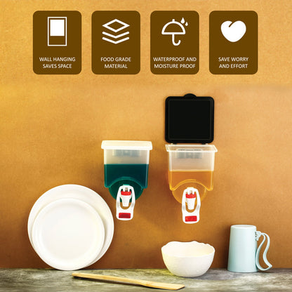 Wall-mounted Wukusy oil dispenser bottle, 1100ml capacity, for kitchen use, with transparent container and pump spout.