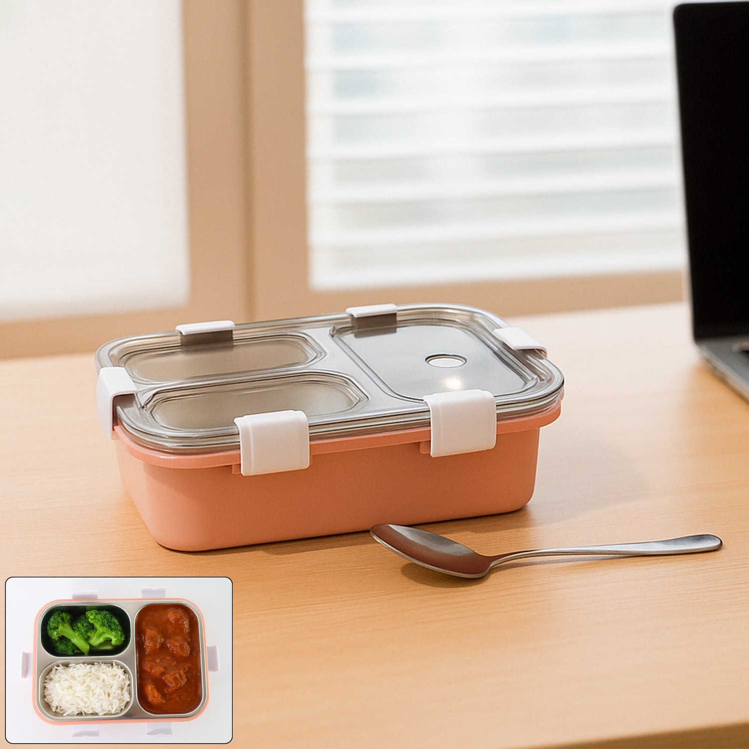 Wukusy 3-compartment lunch box for home and kitchen, featuring separate sections for meals and snacks.