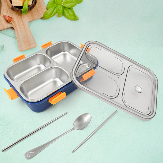 Wukusy 3-compartment transparent stainless steel lunch box with spoon and chopsticks set, ideal for meal storage and portable dining.
