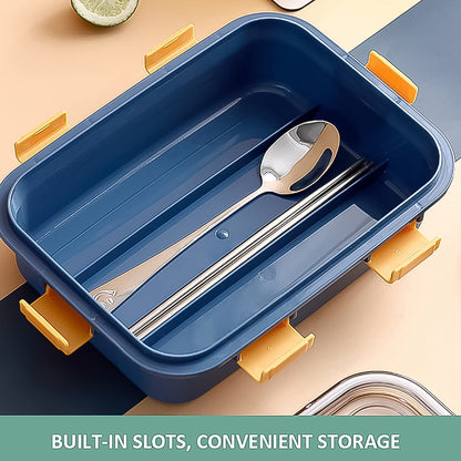 Wukusy 3-compartment transparent stainless steel lunch box with spoon and chopsticks for meal storage and portability.